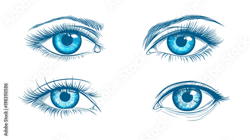 Four stylized renderings of blue eyes with detailed eyelashes and eyebrows against a white background