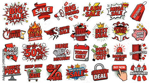 A vibrant collection of sale and discount stickers, banners, and icons for retail and e-commerce promotions.