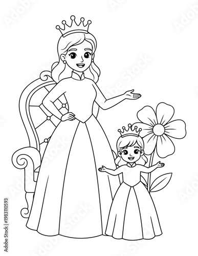 Princess queen and little girl standing together near throne in royal garden kids coloring page illustration