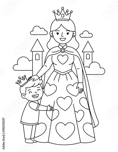 Princess mother with heart dress hugging happy child in castle scene for kids coloring page illustration