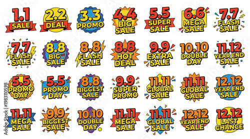 Collection of colorful sale event badges and stickers featuring dates like 1.1, 2.2, 3.3, 4.4, 5.5, 6.6, 7.7, 8.8, 9.9, 10.10, 11.11, and 12.12, indicating promotions and discounts.