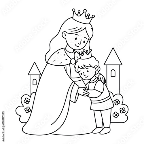 Princess mother comforting child in royal castle garden scene for kids coloring page illustration