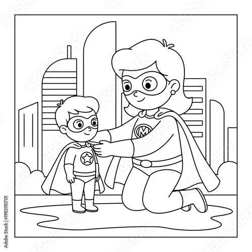 Superhero mom helping child adjust costume in city kids coloring page illustration