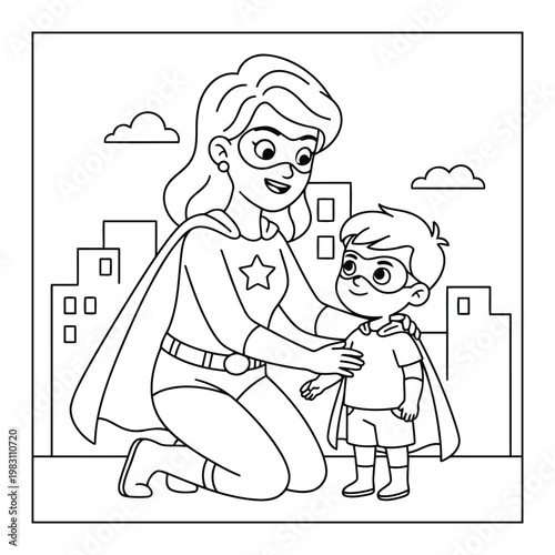 Superhero mother helping child wear cape in city background kids coloring page illustration