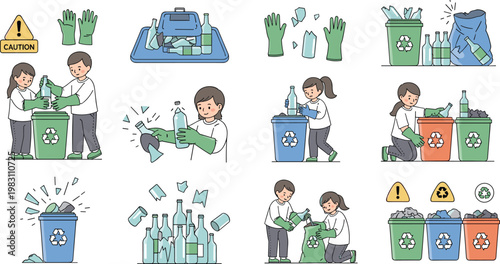 Children Recycling Glass Bottles with Safety Gloves, Waste Sorting and Eco-Friendly Practices for Environmental Awareness Illustration