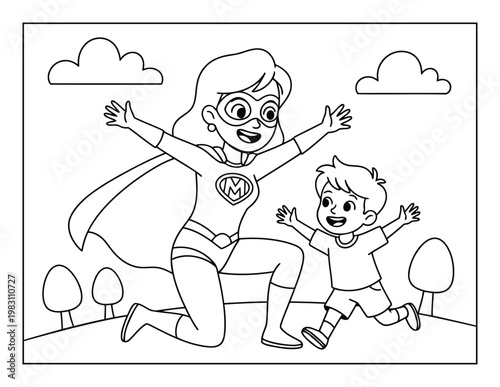 Superhero mom and child jumping happily in outdoor scene kids coloring page illustration
