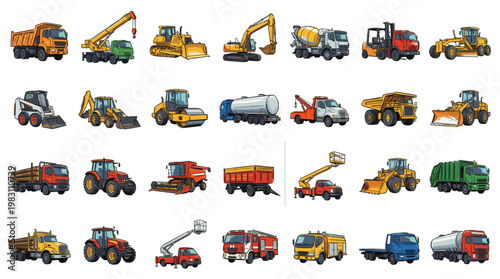A comprehensive collection of diverse construction and agricultural vehicles, showcasing a variety of specialized machinery.