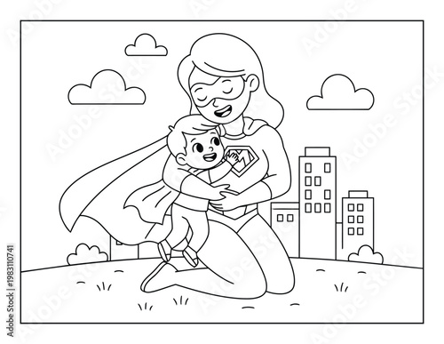 Superhero mom hugging child with love in outdoor city scene kids coloring page illustration
