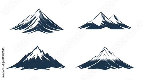 Four stylized mountain illustrations with brushstroke texture in shades of blue against a white background