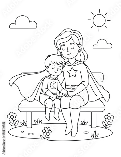 Superhero mom and child sitting peacefully on park bench in sunny garden kids coloring page illustration