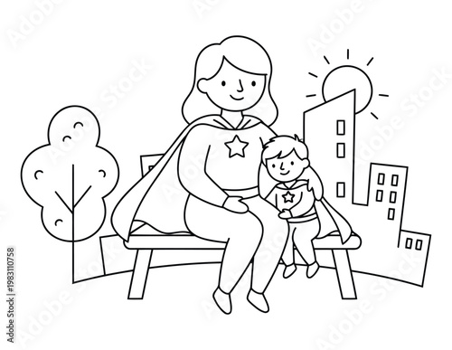 Superhero mom sitting with child on park bench in sunny city outdoor kids coloring page illustration