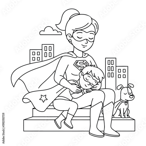 Superhero mom resting with sleeping child and pet dog in calm city scene kids coloring page illustration