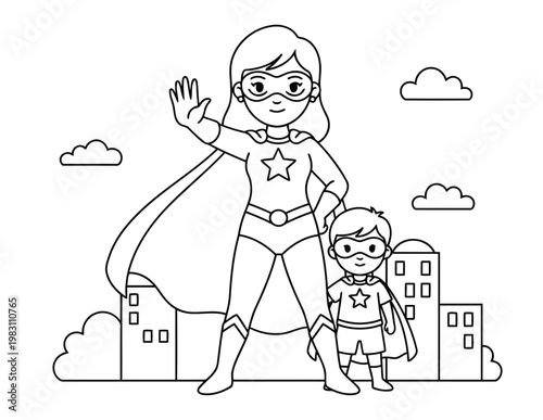 Superhero mom and child standing together in city scene with capes for kids coloring page