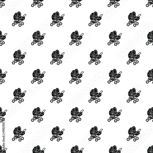 Recurring pattern featuring multiple infant strollers on a white background