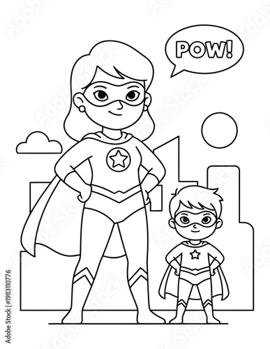 Superhero mom and child with comic speech bubble in city scene for kids coloring page