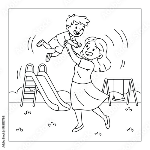 Mother playing with child at playground lifting kid happily for kids coloring page