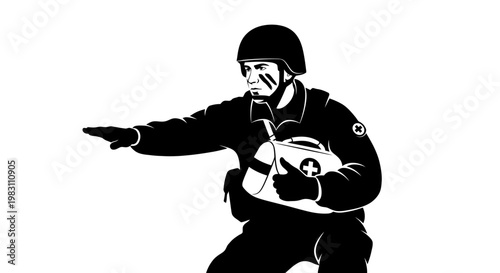 Soldier with First Aid Kit and Camouflage, Pointing Forward