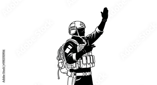 Soldier with backpack and helmet waving hand, military, tactical gear, communication, signal