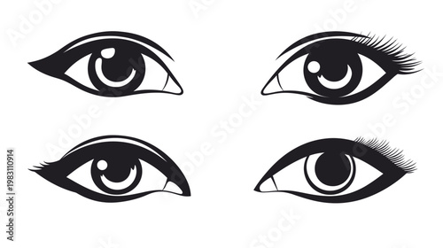 Four stylized eye illustrations in solid black on white, some with eyelashes, evoking expression