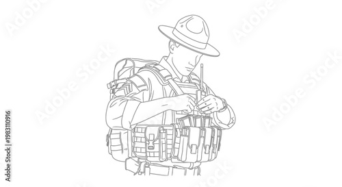 Soldier with tactical gear and radio, focused on communication equipment