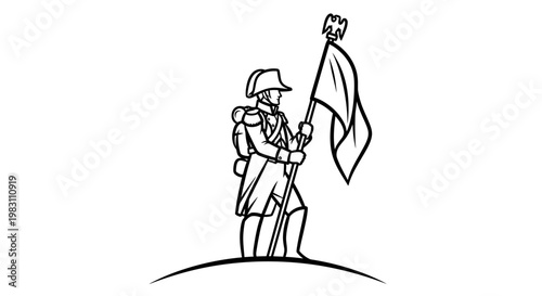 Soldier with Flag on Hilltop, Historical Military Illustration