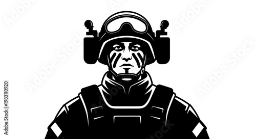 Soldier with Tactical Gear, Helmet, and Face Paint - Black and White Vector Art