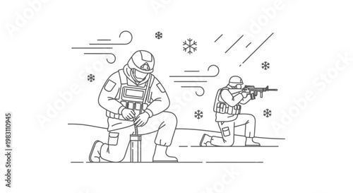 Soldiers in winter, military operation, combat, action, snow, wind, tactical gear, weapon