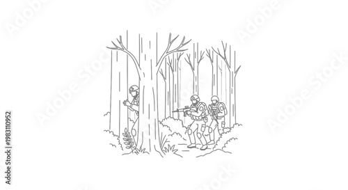 Soldiers in tactical gear advancing through a dense forest during a military operation.