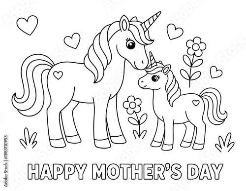 Mothers Day unicorn mom and baby with hearts and flowers coloring page