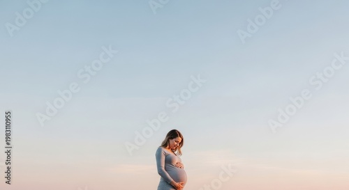 Pregnant Woman Holding Belly Outdoors at Sunset, Soft Sky Background