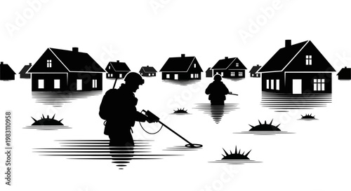 Soldiers with metal detectors in flooded village, disaster relief, search and rescue