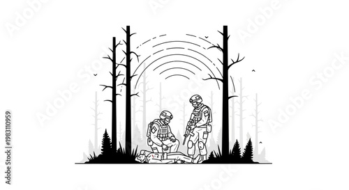 Soldiers tending to wounded comrade in desolate forest, wartime aid, survival