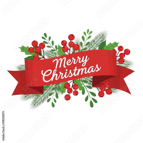 Merry Christmas banner with holly berries and pine branches, festive holiday decoration