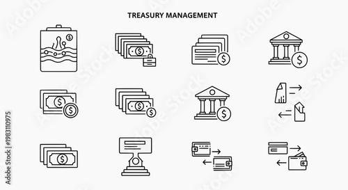 Financial icons illustrate treasury management concepts with various banking and money symbols.