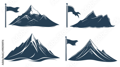 Four stylized illustrations of mountain ranges with flags on poles, each in a unique composition