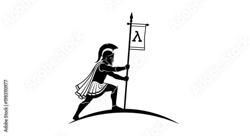 Spartan Warrior Holding Flag with Lambda Symbol on Hilltop