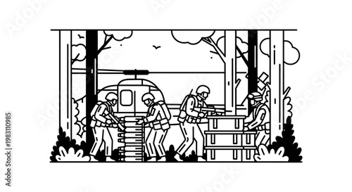 Soldiers with Helicopter in Forest, Military Operation, Combat Scene