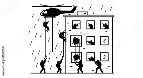 Special Forces Raid Building From Helicopter in Rainy Assault