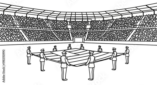 Sports fans in stadium holding large flag before game