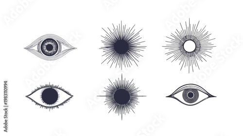 Six esoteric illustrations feature eyes and starbursts, using lines and dark hues on white background