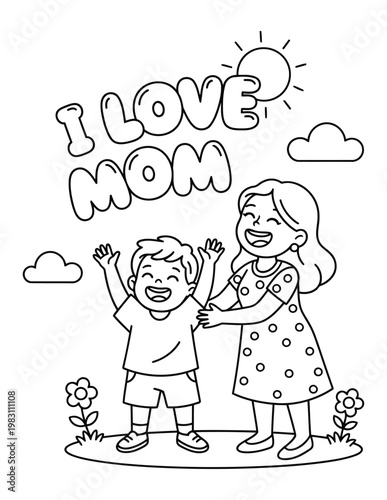 Mothers day celebration scene with happy mom and child under love text coloring page illustration
