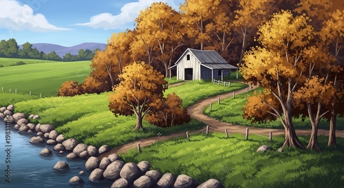 Rustic Barn and Autumn Forest by River, Serene Countryside Landscape Illustration