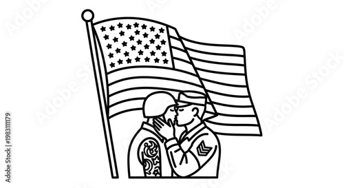 Two soldiers kissing in front of the American flag, symbolizing love and patriotism