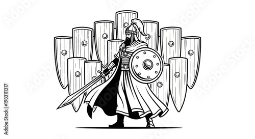 Warrior with Sword and Shield, Medieval Knight, Military Defense, Historical Combat