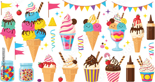 Colorful Ice Cream Cones, Sundaes, and Sweets with Candies, Fun Festival Dessert Illustration for Food and Party Designs
