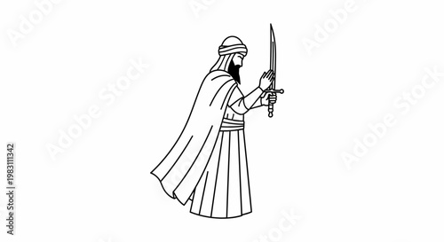 Warrior with Sword, Traditional Clothing, Middle Eastern, Historical Figure, Line Art