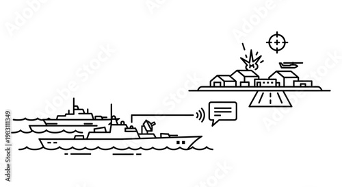 Warship communication targets coastal city with missile strike, military concept