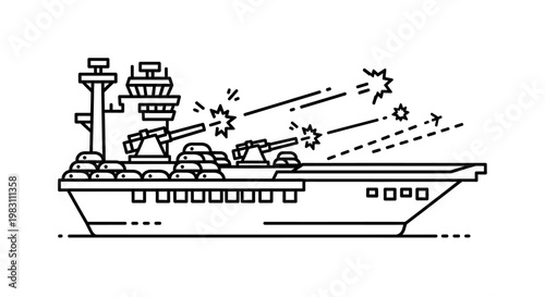 Warship firing missiles, battle scene, military navy ship, abstract vector illustration