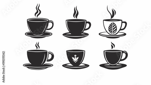 Six stylized black and white teacups with steam on saucers, some with leaf details