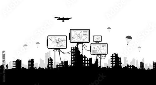 War-torn city skyline with digital displays and parachutes dropping supplies